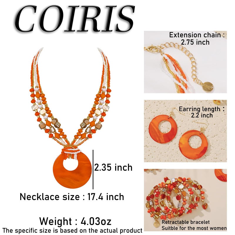Coiris Orange Jewelry Sets for Women 4 Pcs Chunky Beaded Mrs Roper Costume Jewelry for Women Boho Multi Strand Colorful Shell Necklace for Women(ST0026-Orange) - Image 2