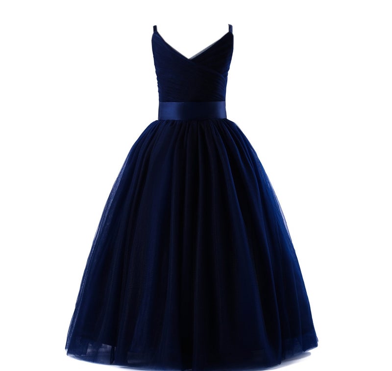 Glamulice Navy Blue Flower Girl Lace Bridesmaid Dress Long A Line Wedding Pageant Dresses Tulle Spaghetti Strap Party Gown Princess Kids Birthday Maxi Prom Ballgown 11 12 Girls Holiday Gowns Christmas - Image 2