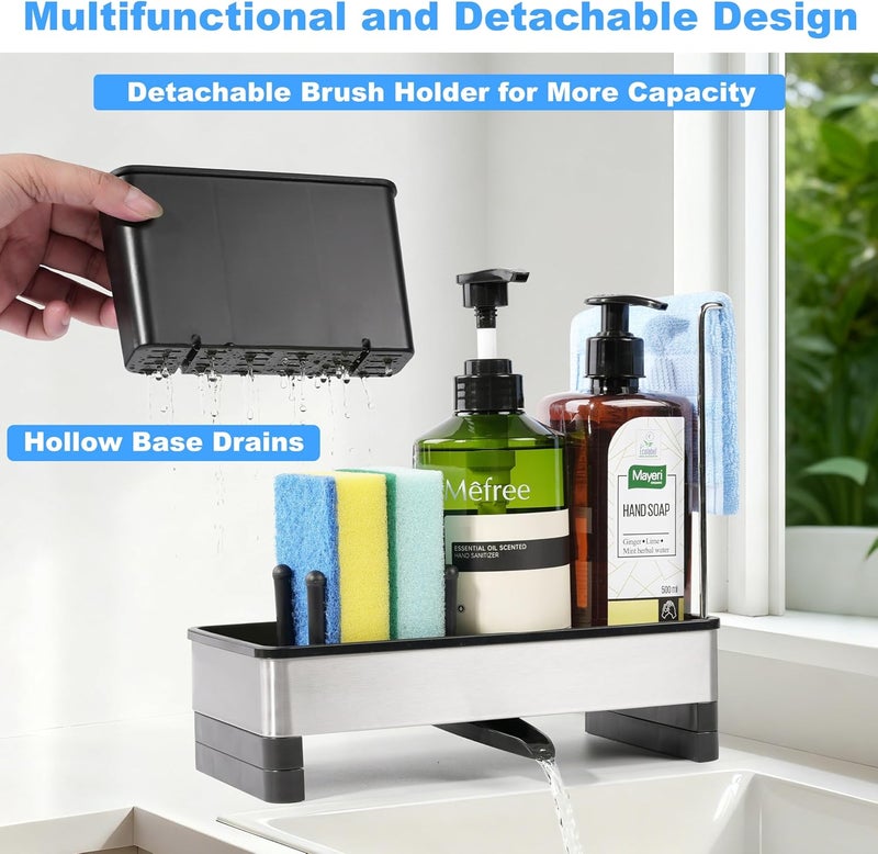 Ouletoy Sponge Holder for Kitchen Sink Caddy with Detachable Dish Brush Holder, Stainless Steel Bathroom Countertop Sink Organizer and Storage for Dishcloth and Soap Dispenser, Rustproof Drain Rack - Image 5