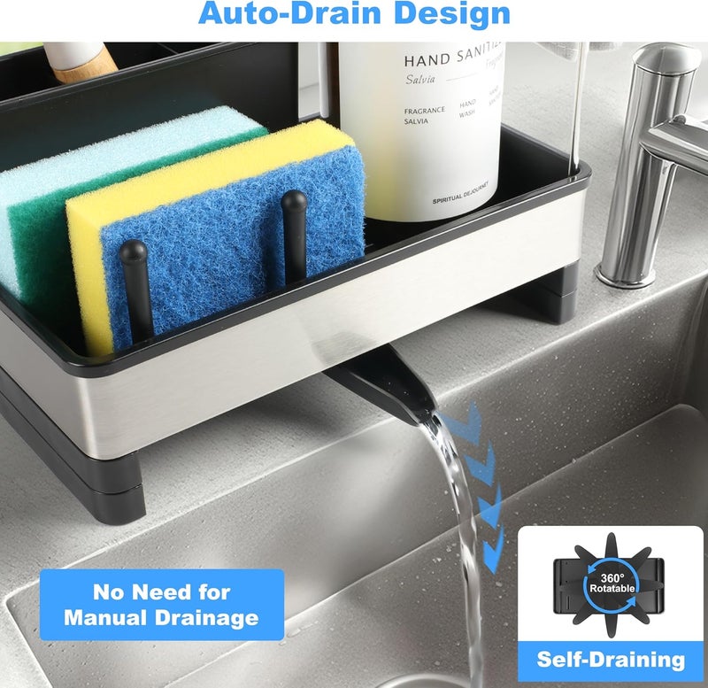 Ouletoy Sponge Holder for Kitchen Sink Caddy with Detachable Dish Brush Holder, Stainless Steel Bathroom Countertop Sink Organizer and Storage for Dishcloth and Soap Dispenser, Rustproof Drain Rack - Image 3
