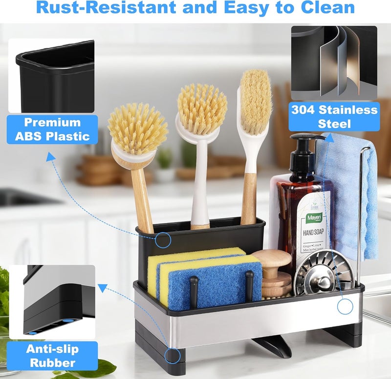 Ouletoy Sponge Holder for Kitchen Sink Caddy with Detachable Dish Brush Holder, Stainless Steel Bathroom Countertop Sink Organizer and Storage for Dishcloth and Soap Dispenser, Rustproof Drain Rack - Image 4