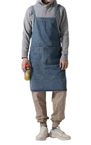 Tobyan Cotton Denim Apron Soft - Unisex Adjustable Bib Apron with 5-Pockets Perfect for Kitchens (XL-Blue) - Image 1