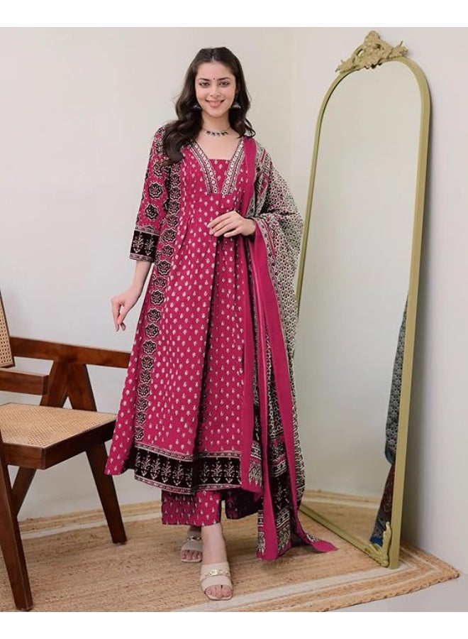 GoSriKi Women's Pure Cotton Anarkali Kurta with Dupatta & Palazzo S - Image 3