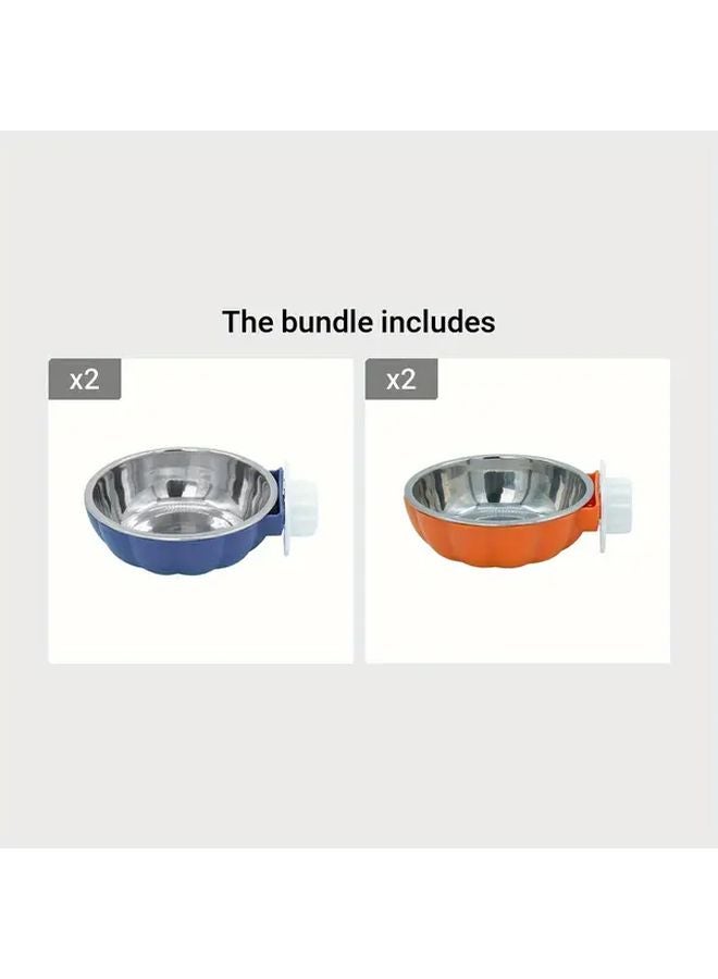 وعاء قطط أزرق برتقالي على شكل قرعة من الفولاذ المقاوم للصدأ قابل للتعليق مع مغذي طعام وماء للحيوانات الأليفة قابل للتعديل - Image 1