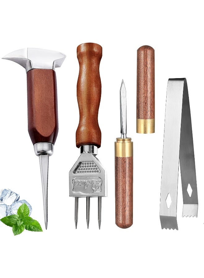 LINALL Ice Pick Set of 4 - Stainless Steel Ice Chipper with Wood Handle, Japanese style Ice Crusher Ice Tong ideal for Bars, Bartender. Best Carving Tool (4PCS SET) - Image 1