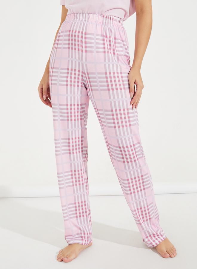 Styli Solid Placket T-Shirt & Pastel Check Pyjama Set  - Image 5