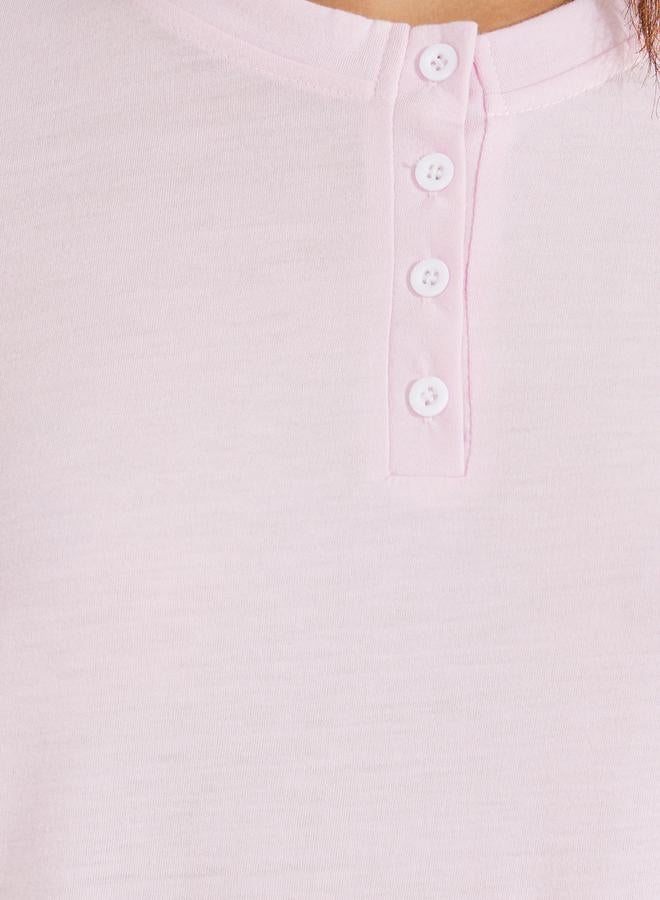 Styli Solid Placket T-Shirt & Pastel Check Pyjama Set  - Image 3