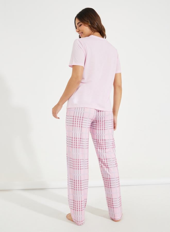 Styli Solid Placket T-Shirt & Pastel Check Pyjama Set  - Image 4