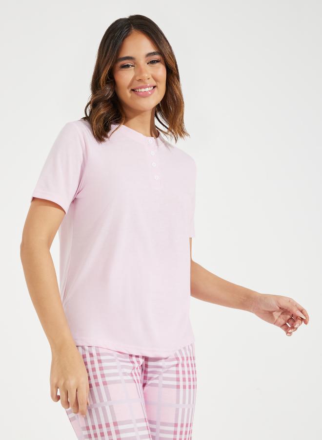 Styli Solid Placket T-Shirt & Pastel Check Pyjama Set  - Image 2