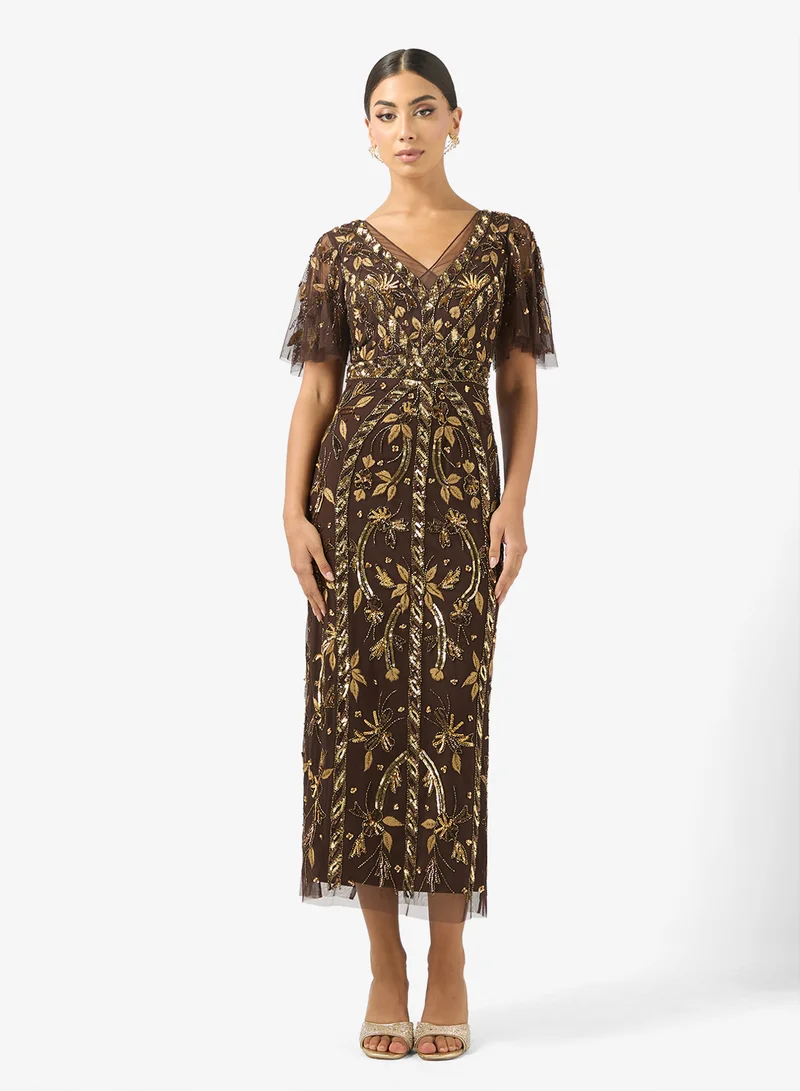 Adrianna Papell Embellished Flutter Sleeve Midi Dress