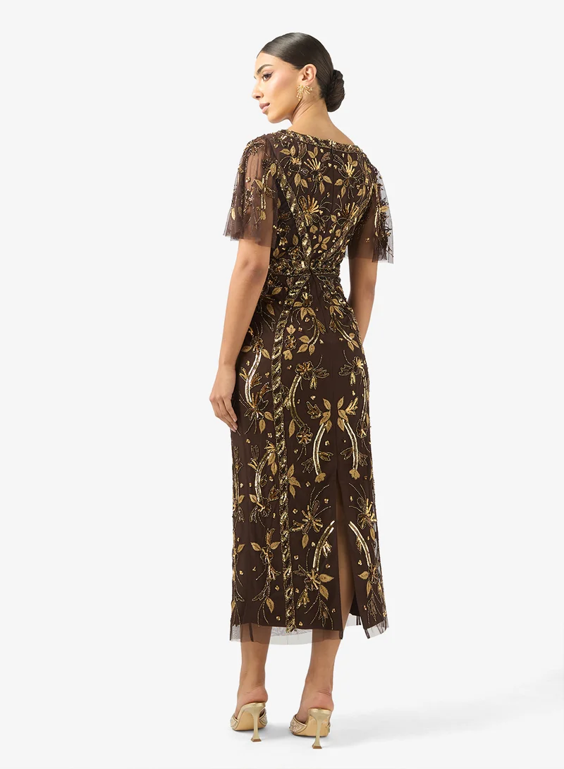 Adrianna Papell Embellished Flutter Sleeve Midi Dress