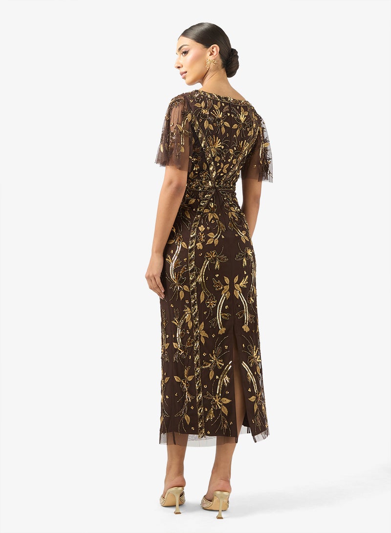 Adrianna Papell Embellished Flutter Sleeve Midi Dress - Image 2