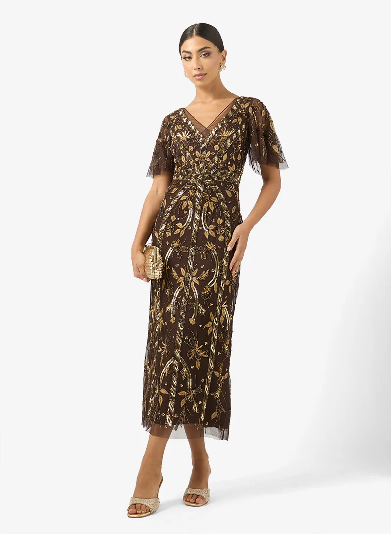 Adrianna Papell Embellished Flutter Sleeve Midi Dress
