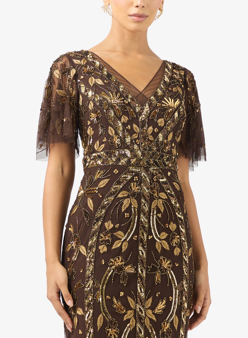 Adrianna Papell Embellished Flutter Sleeve Midi Dress - Image 3