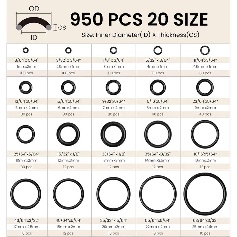 GROPOTIT 950Pcs Rubber O Rings with Storage Box Assorted 20 Sizes O Ring Washer Gaskets Metric Rubber Rings Repair Kit For Faucet Automotive General Repair Resist Oil and Heat ORings A_1 - Image 2