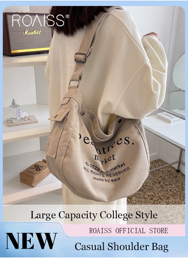 roaiss - Women Single Shoulder Bag Versatile Commuter Handheld Bag with Large Capacity Trendy Canvas Design Suitable for Female Students featuring Lazy Style and Letter Embroidery Tote Bag - Image 1