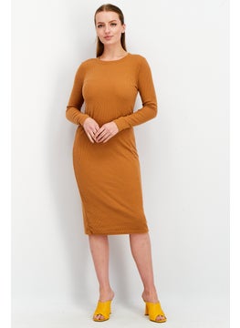 INC Women Ribbed Long Sleeves Midi Dress, Brown  - Image 1