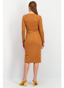 INC Women Ribbed Long Sleeves Midi Dress, Brown  - Image 3