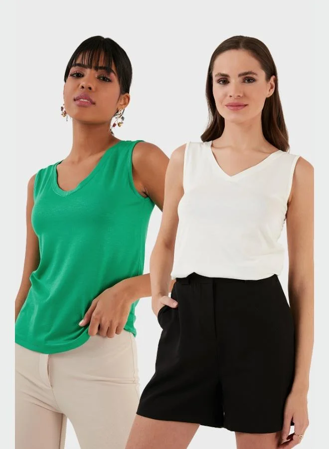 ليلا بلوزة نسائية بياقة على شكل حرف  وأحزمة سميكة من ليلا، مقاس ضيق، عبوة من قطعتين