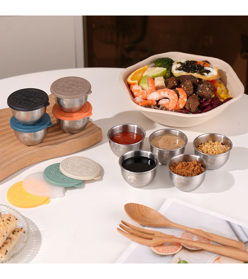 8 Piece Set Bear Shaped Stainless Steel Sauce Cups With Lids 1.5 Oz Leak Proof Dipping Bowls For Ketchup Soy Sauce Salad Dressing Portable Cutlery For Kitchens Restaurants And Picnics - Image 3