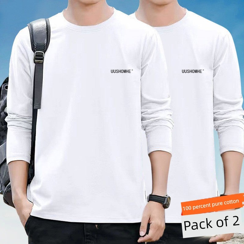 100% pure cotton long-sleeved men's spring and autumn thin casual sports versatile trendy plus-size top cotton round-neck base shirt - Image 3