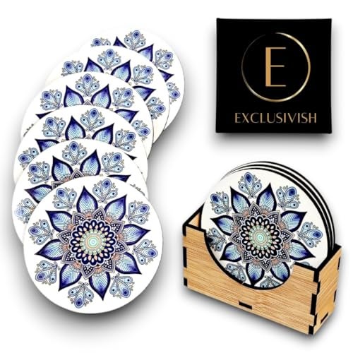 Exclusivish Blue Mandala Meditation Wooden Coaster Set of 6 with Holder – Dining Table Accessories | Indian Handicraft | Diwali Gifts for Family and Friends - Image 1