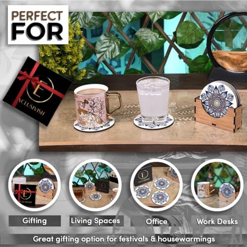 Exclusivish Blue Mandala Meditation Wooden Coaster Set of 6 with Holder – Dining Table Accessories | Indian Handicraft | Diwali Gifts for Family and Friends - Image 2