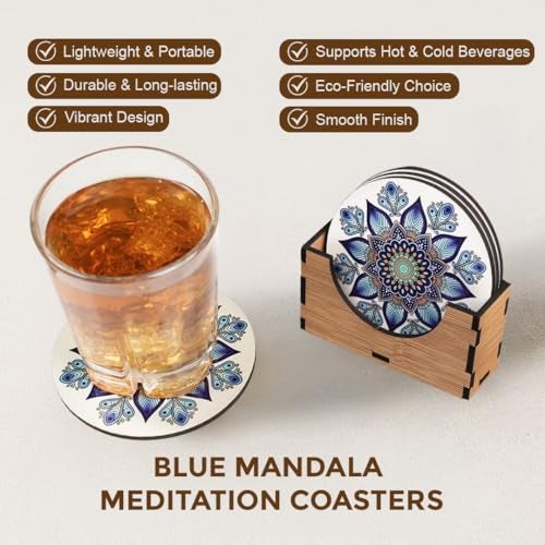 Exclusivish Blue Mandala Meditation Wooden Coaster Set of 6 with Holder – Dining Table Accessories | Indian Handicraft | Diwali Gifts for Family and Friends - Image 3