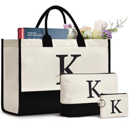 GASSDA Initial Canvas Tote Bag, Birthday Gifts For Women, Monogram Personalized Gifts For Women Mom Teachers Bridesmaids (K 3PCS) - Image 1