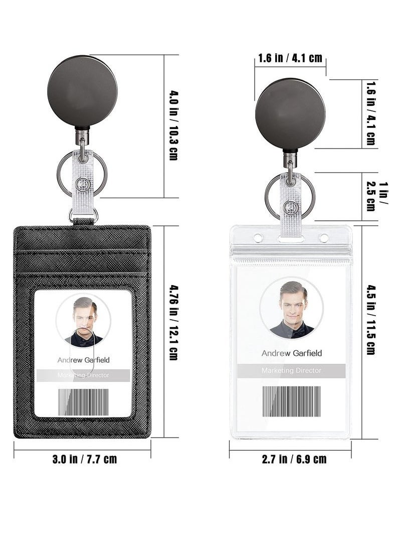 BAEKO 2pcs Heavy Duty Vertical ID Card Holder Metal Retractable Badge Holder Reel with Belt Clip Key Ring, Waterproof Clear and PU Leather Badge Holder  - Image 2