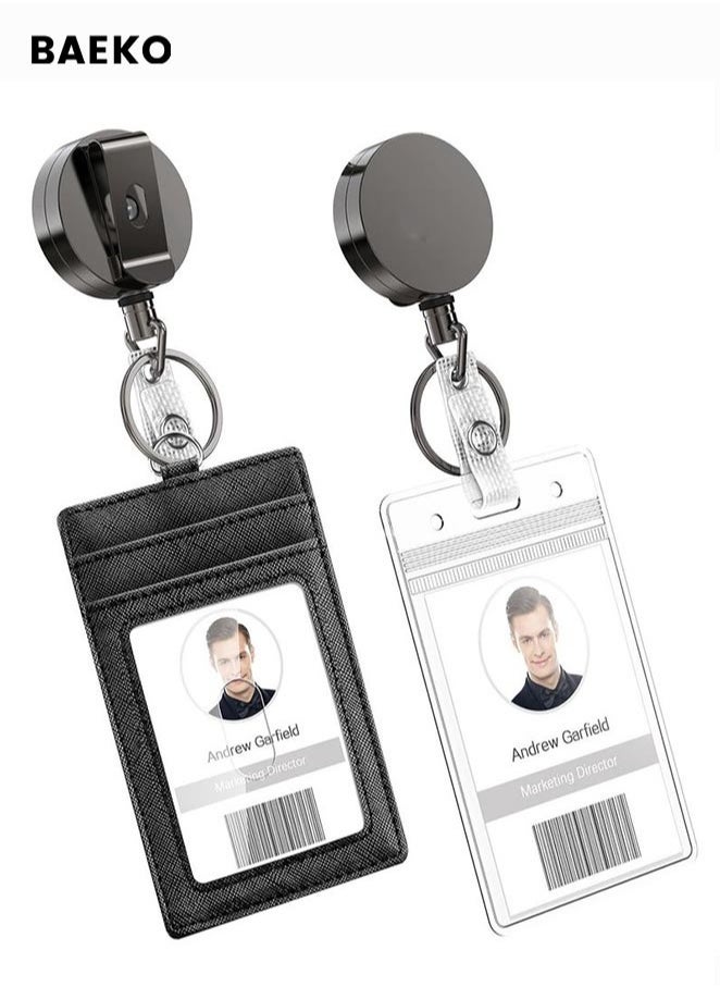 BAEKO 2pcs Heavy Duty Vertical ID Card Holder Metal Retractable Badge Holder Reel with Belt Clip Key Ring, Waterproof Clear and PU Leather Badge Holder  - Image 1