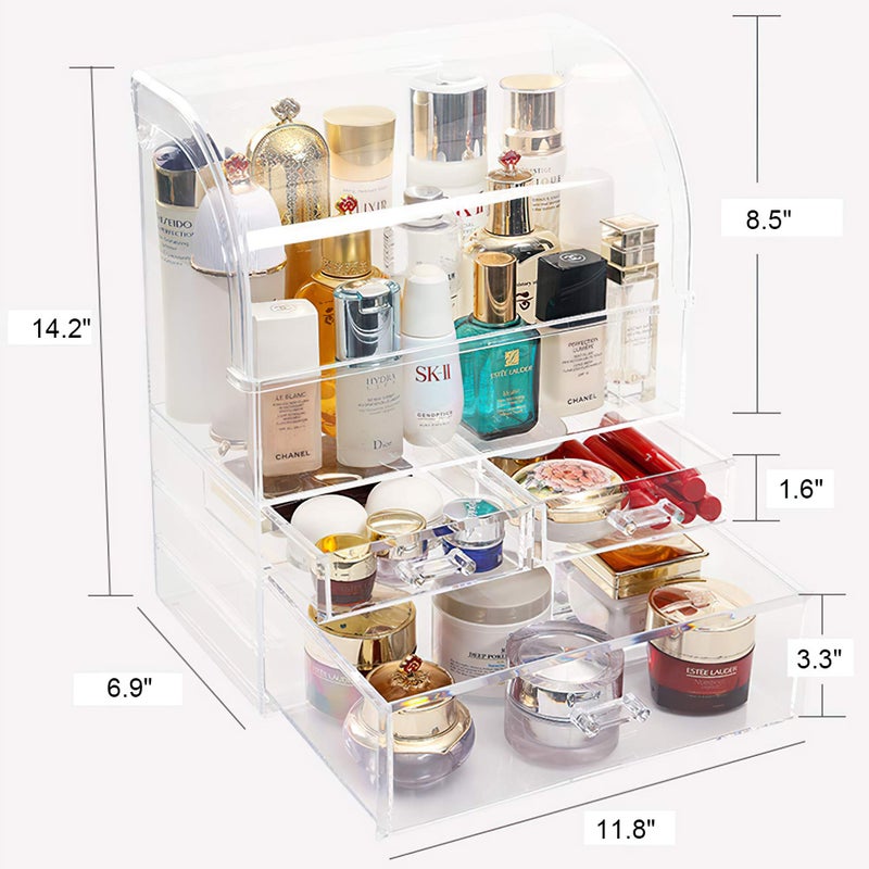CONHENCI Large Acrylic Makeup Organizer With Lid Portable Dustproof And Waterproof Cosmetic Storage Drawers Box For Women (Clear, 12.5in x 9.5in x 6.3in) - Image 3