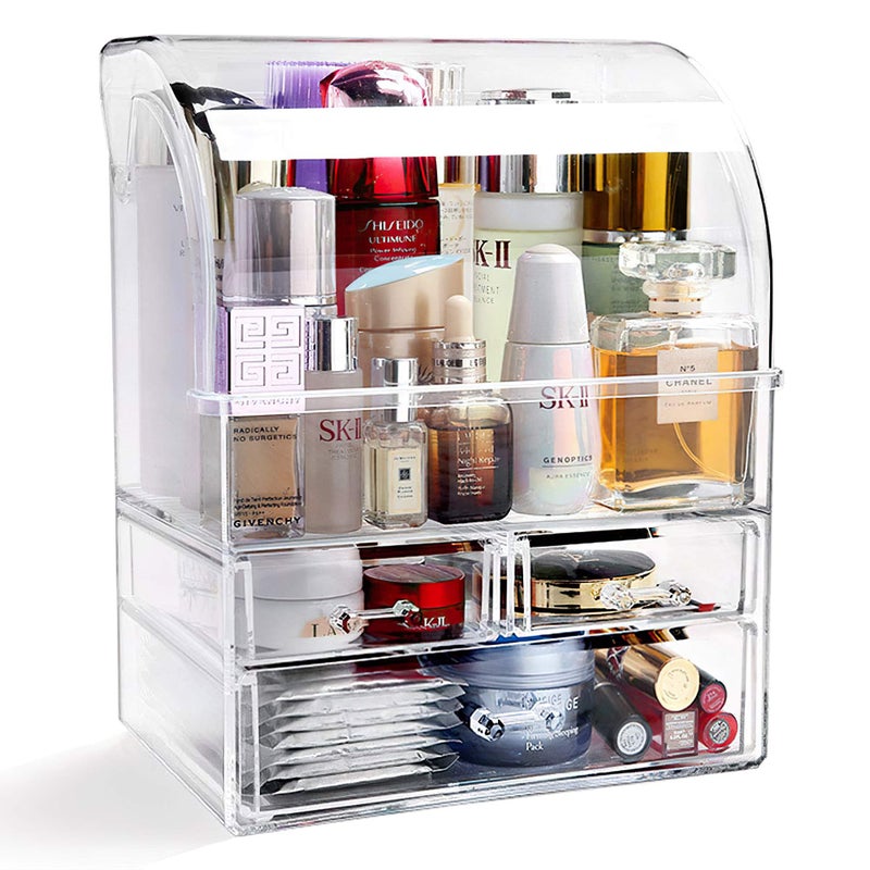 CONHENCI Large Acrylic Makeup Organizer With Lid Portable Dustproof And Waterproof Cosmetic Storage Drawers Box For Women (Clear, 12.5in x 9.5in x 6.3in) - Image 1