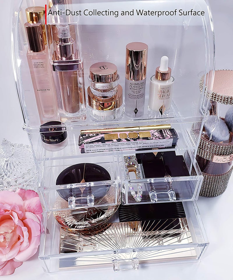 CONHENCI Large Acrylic Makeup Organizer With Lid Portable Dustproof And Waterproof Cosmetic Storage Drawers Box For Women (Clear, 12.5in x 9.5in x 6.3in) - Image 5