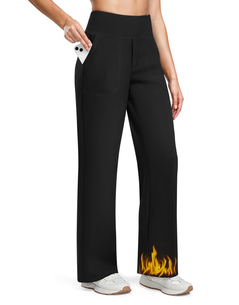 Soothfeel Fleece Lined Pants Women 29"/31"/33" High Waisted Wide Leg Sweatpants with Pocket Winter Warm Work Yoga Dress Pants Black Petite - Image 1
