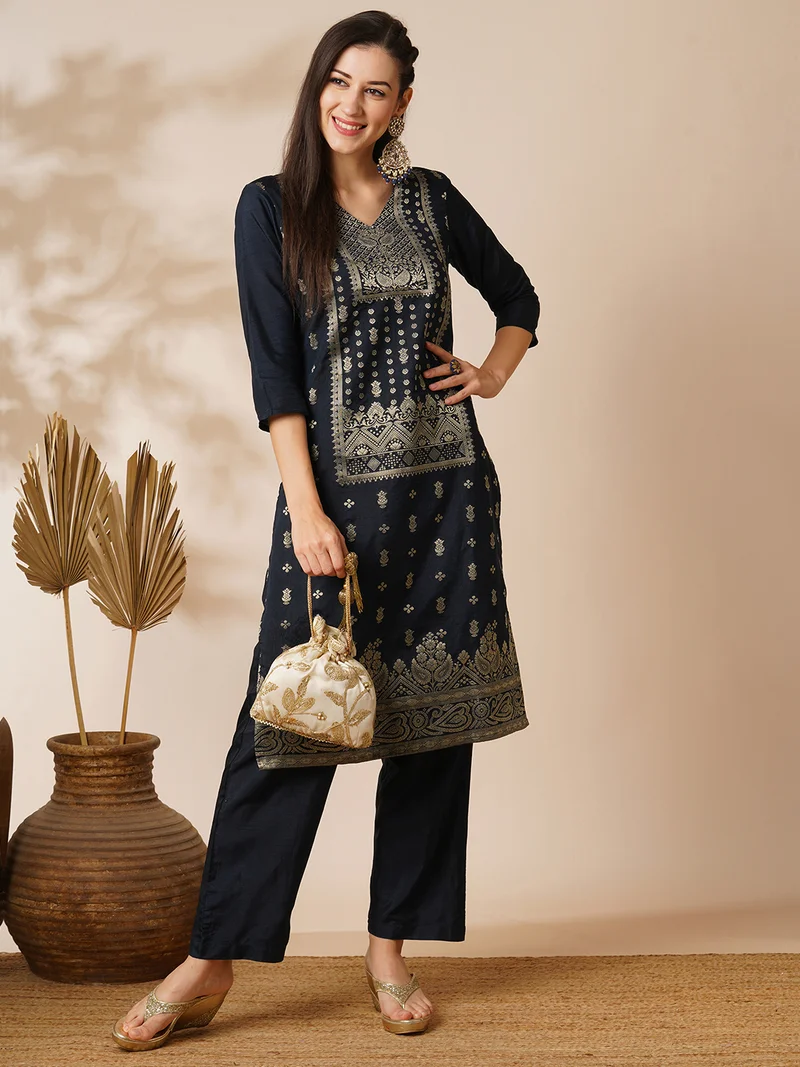 globus Women Blue V-Neck Brocade Ethnic Motifs Straight Knee Length Kurta With Pants