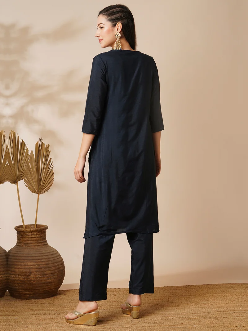 globus Women Blue V-Neck Brocade Ethnic Motifs Straight Knee Length Kurta With Pants