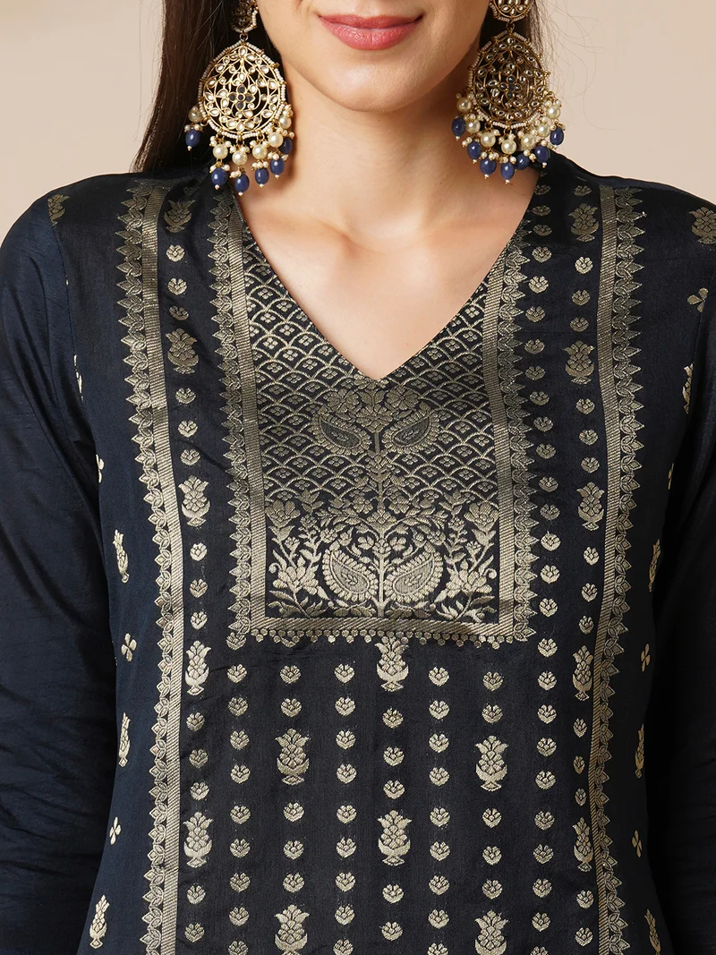 globus Women Blue V-Neck Brocade Ethnic Motifs Straight Knee Length Kurta With Pants