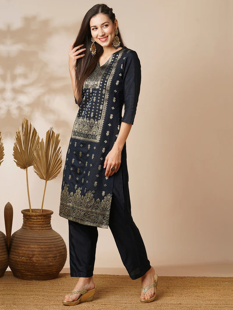 globus Women Blue V-Neck Brocade Ethnic Motifs Straight Knee Length Kurta With Pants