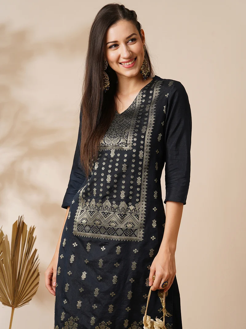 globus Women Blue V-Neck Brocade Ethnic Motifs Straight Knee Length Kurta With Pants