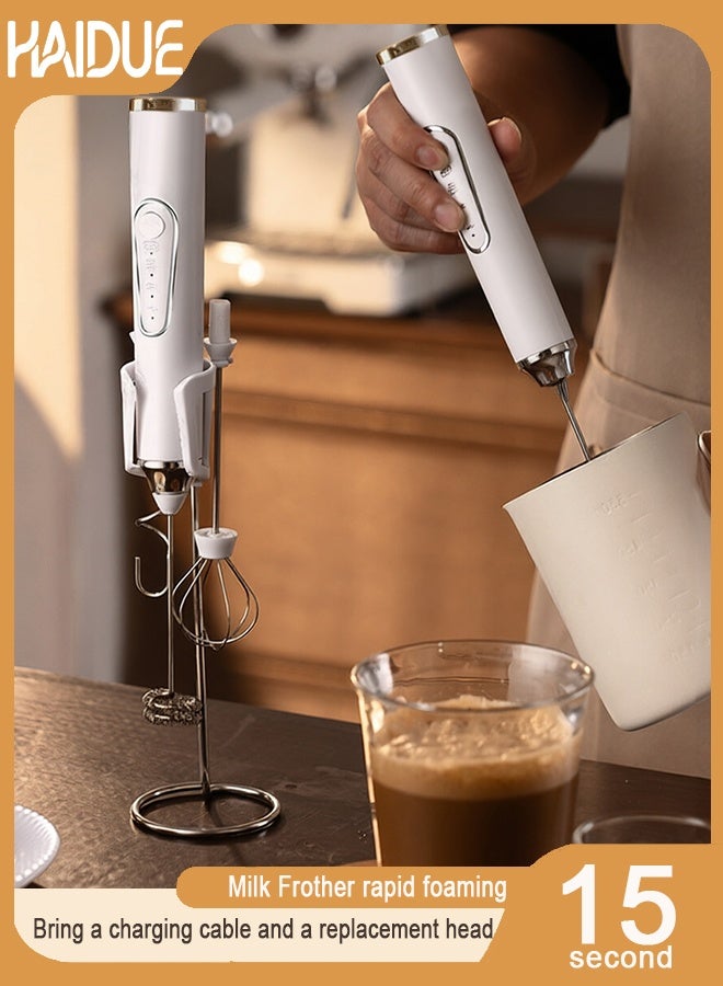 Haidue Milk Frother - Hand-Held Electric Whisk Portable Coffee frother USB Rechargeable 3-Speed Milk frother Beverage Mixer for Matcha Cappuccino with 2 Stainless Steel Whisk and A Charging Cable - Image 1