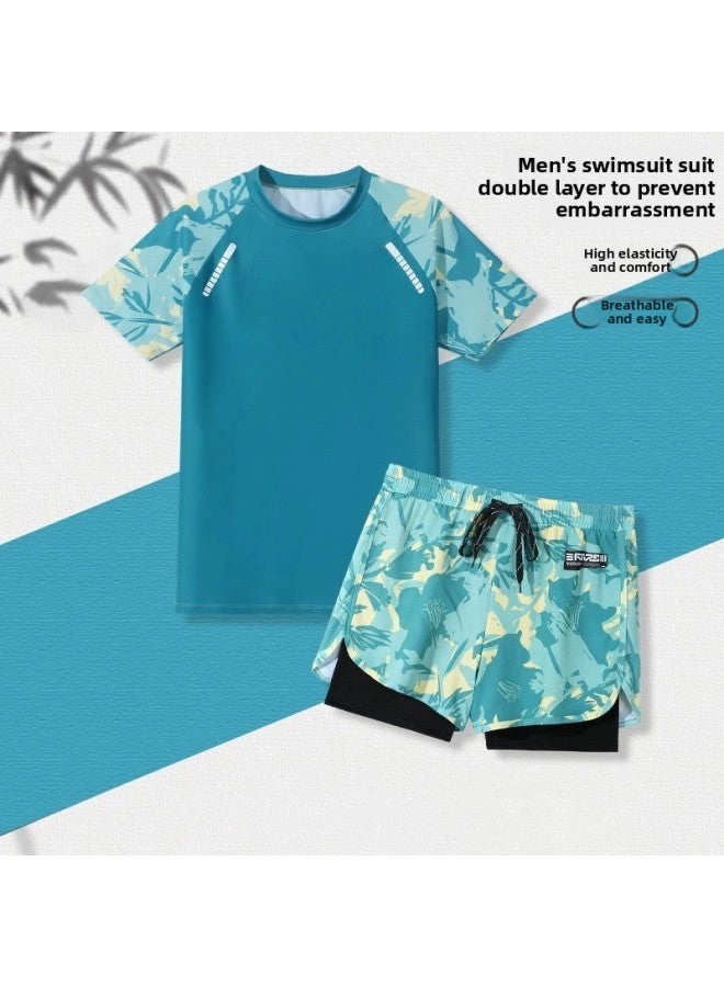 Men's Swimming Trunks Fake Two-piece Printed Fashionable Comfortable Breathable Plus Size Conservative Anti-embarrassment Swimming Pool Vacation Hot Spring Swimsuit-Color:Green Wild Jungle Suit- - Image 2