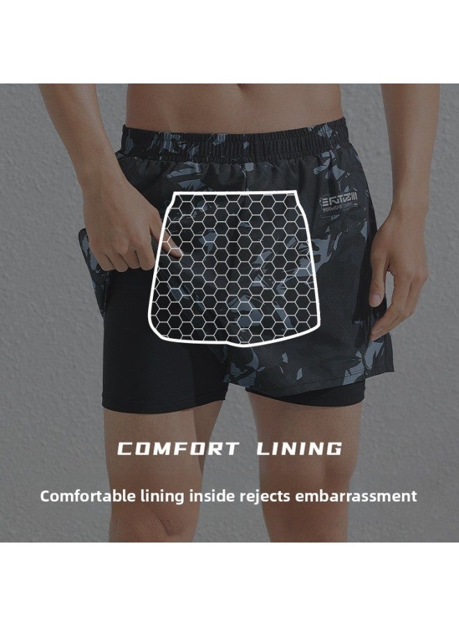 Men's Swimming Trunks Fake Two-piece Printed Fashionable Comfortable Breathable Plus Size Conservative Anti-embarrassment Swimming Pool Vacation Hot Spring Swimsuit-Color:Green Wild Jungle Suit- - Image 4