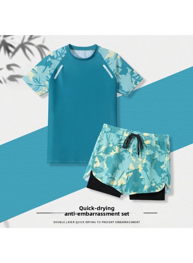 Men's Swimming Trunks Fake Two-piece Printed Fashionable Comfortable Breathable Plus Size Conservative Anti-embarrassment Swimming Pool Vacation Hot Spring Swimsuit-Color:Green Wild Jungle Suit- - Image 1