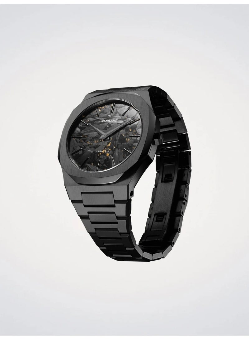 D1 MILANO Ultra Thin Black DLC (40mm) Black & Gold Carbon Dial / Black PVD Stainless Steel Bracelet D1-UTBJ31 - Image 4