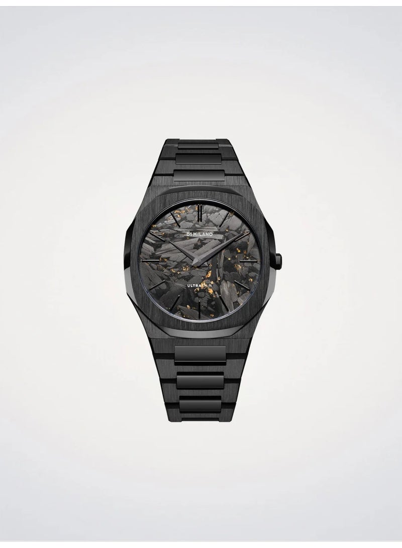 D1 MILANO Ultra Thin Black DLC (40mm) Black & Gold Carbon Dial / Black PVD Stainless Steel Bracelet D1-UTBJ31 - Image 1