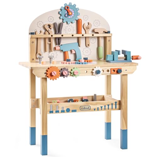 ROBUD Large Wooden Play Tool Workbench Set for Kids Toddlers, Construction Workshop Tool Bench Toys Gift, Multicolor - Image 1