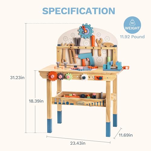ROBUD Large Wooden Play Tool Workbench Set for Kids Toddlers, Construction Workshop Tool Bench Toys Gift, Multicolor - Image 3