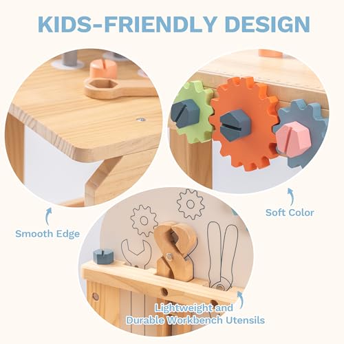 ROBUD Large Wooden Play Tool Workbench Set for Kids Toddlers, Construction Workshop Tool Bench Toys Gift, Multicolor - Image 4