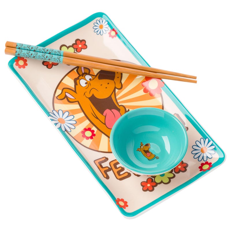 Silver Buffalo Silver Buffalo Scooby Doo Feed Me Retro Groovy Flowers Ceramic Sushi Set with Dipping Sauce Dish and Matching Chopsticks 